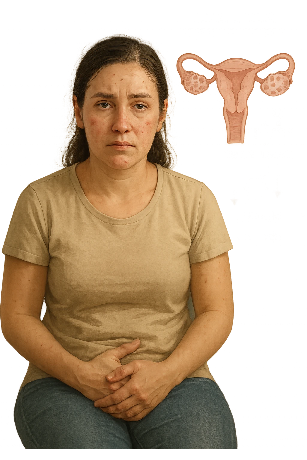 Donna tra i 25 e i 35 anni, con espressione stanca ma determinata, seduta in uno studio medico o nella sua stanza, con mani sul basso ventre. Sullo sfondo un diagramma trasparente o fluttuante di ovaie con cisti multiple, ormoni stilizzati in disequilibrio (testosterone, insulina, LH/FSH). Leggeri segni visivi di sintomi tipici: acne sul viso, lieve aumento di peso, capelli leggermente diradati in zona frontale. Ambiente realistico ma con elementi educativi e simbolici. Toni tenui ma caldi, stile empatico e informativo. in italiano emoji