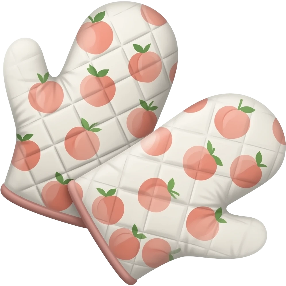 a pair of oven mitts with peach fruit print designs emoji