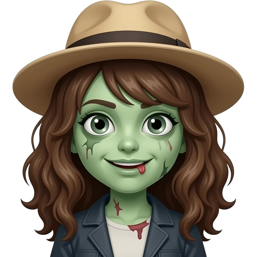 Uma menina zumbi de pele verde, cabelo marrom ondulado, boné de lado emoji