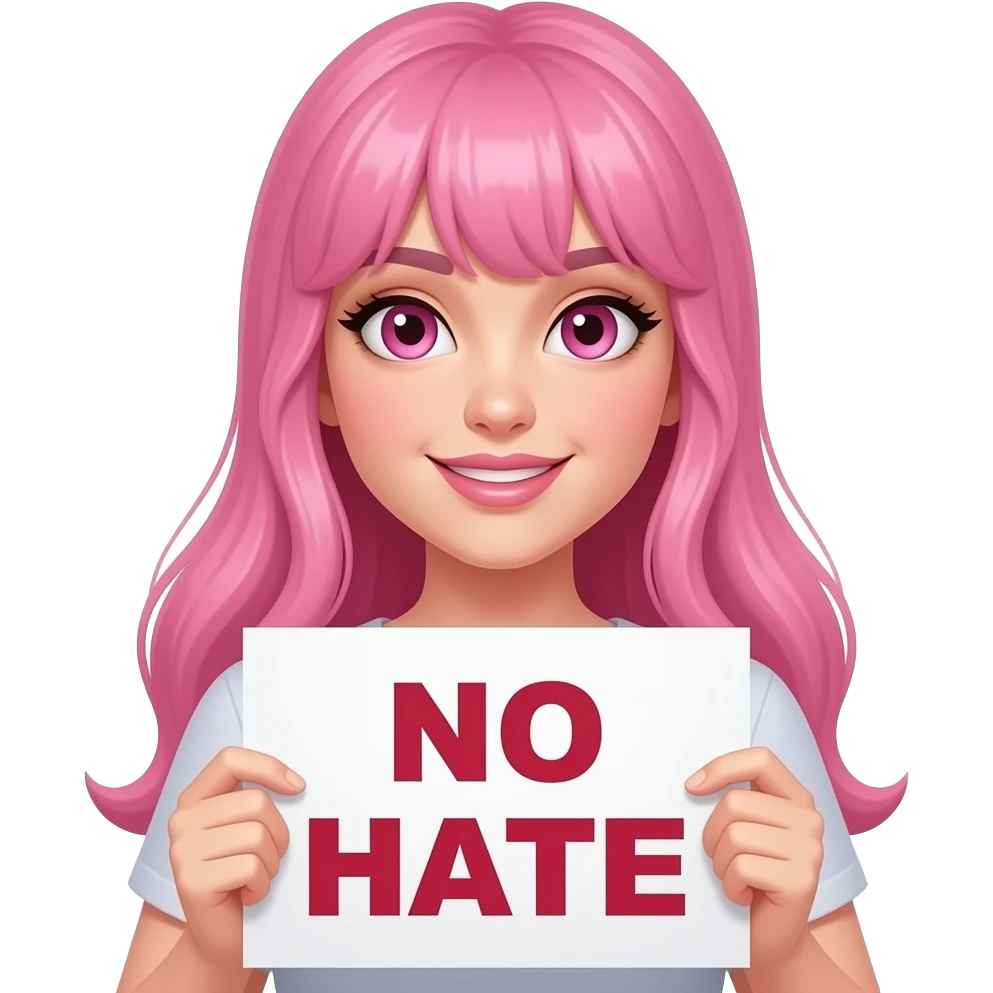 sexy girl with long pink hair and pink eyes holding a NO HATE sign emoji