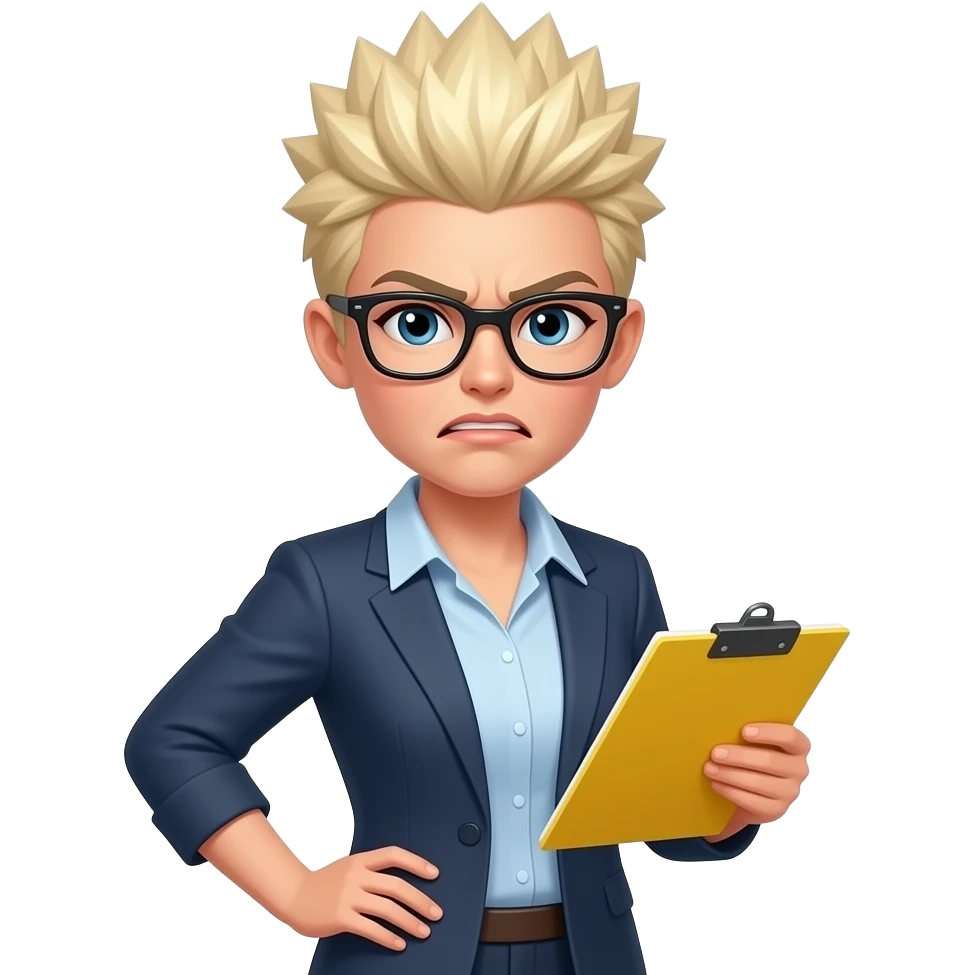 Woman, bleach blonde hair, very short, stiff, sharp spiky hair, styled in vertical points, styled upward, wearing glasses, one hand on hip and one hand holding a yellow legal pad, disgusted, regular clothes emoji