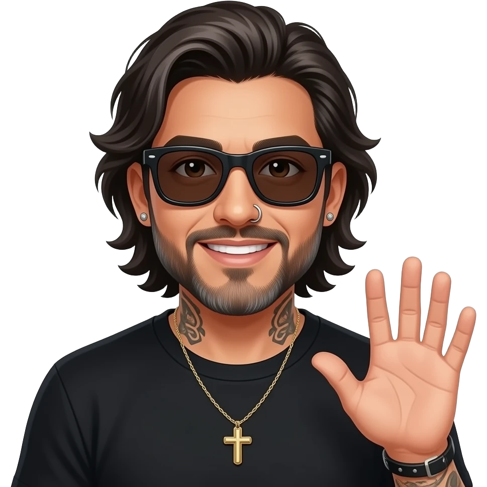 The handsome manly Latino podcast host with medium length hair, a long slightly graying beard and tattoos with his ears pierced 1 time each ear and a nose ring on the right side, dark brown eyes, wearing black, dark sunglasses, and jewelry, saying hello emoji