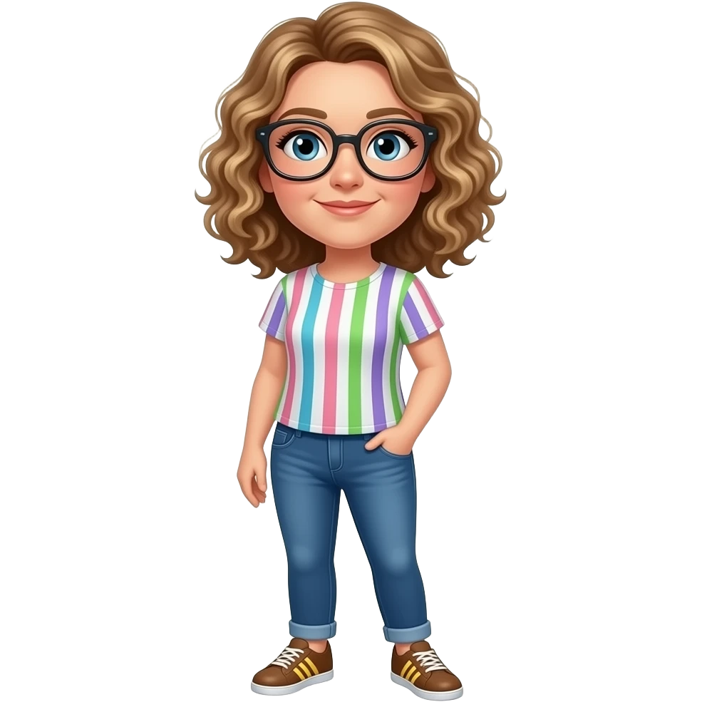 a bit more naturalMake an emoji a women teacher 40 jear dutch with  witch 6 corner glasses and between brown and blonde curly mi long hear with an t-shirt with small green pink and withe purple vertical stripes and a blue jeans witch addidas shoes brown and yellow emoji