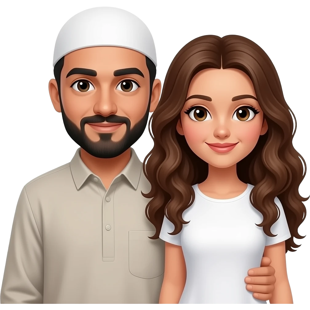 Black bald no mustache bearded but with no mustache, Muslim man, bald, no hat, holding a white, long curly brown haired white female  No mustache on man With a bald head with nothing on his head With no hat on his head only skin showing on his bald head Square standard square Muslim hat White female emoji