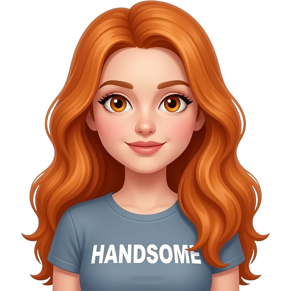 sexy girl with overlong ginger hair and ginger eyes a top with HANDSOME written on it emoji