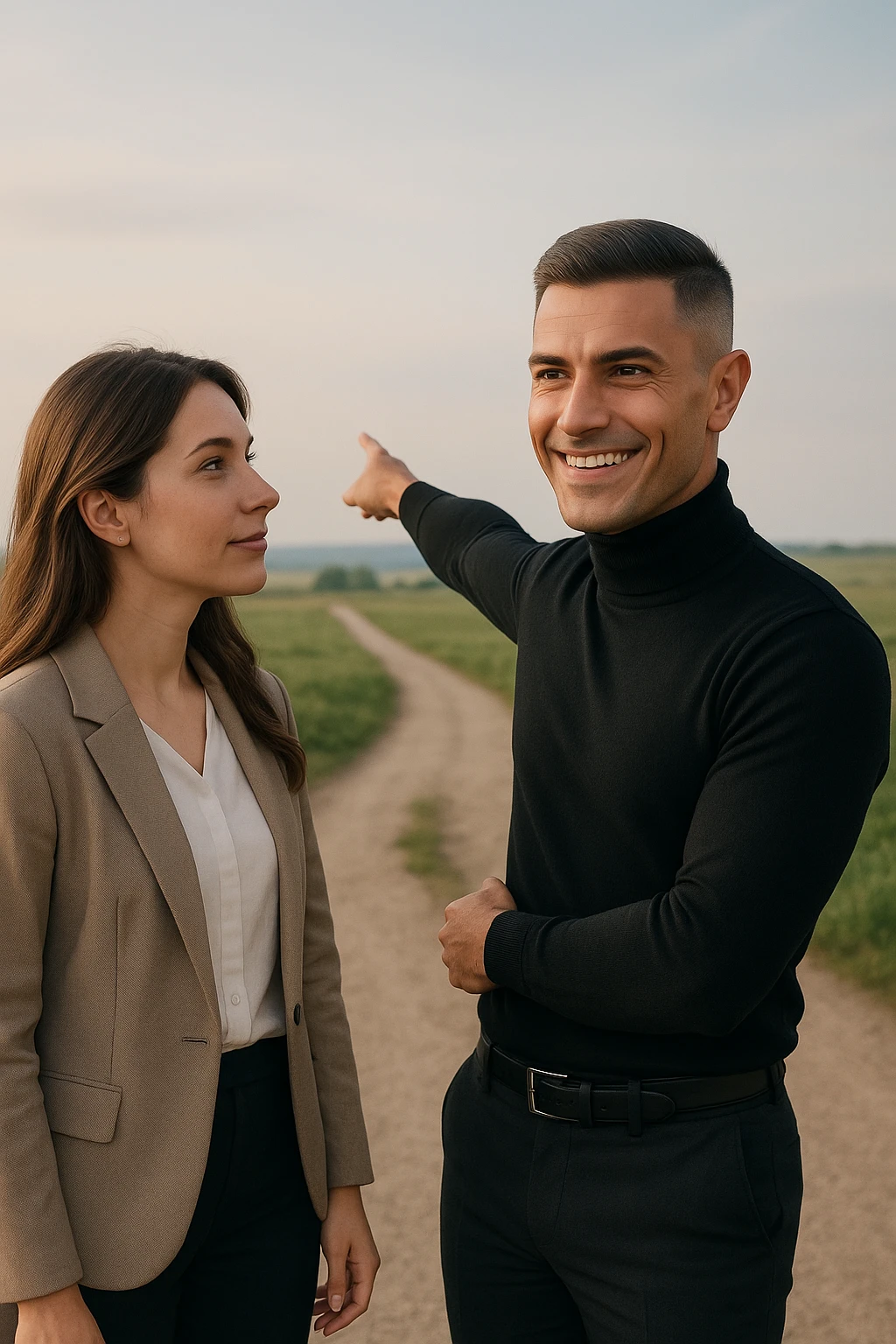 Editorial photo of a confident man standing at a crossroads, pointing decisively toward a clear path ahead. Beside him, a woman looks at him with trust and readiness to follow. Both are well-dressed, the setting is an open landscape with soft, natural light. The mood is one of leadership, guidance, and partnership. emoji