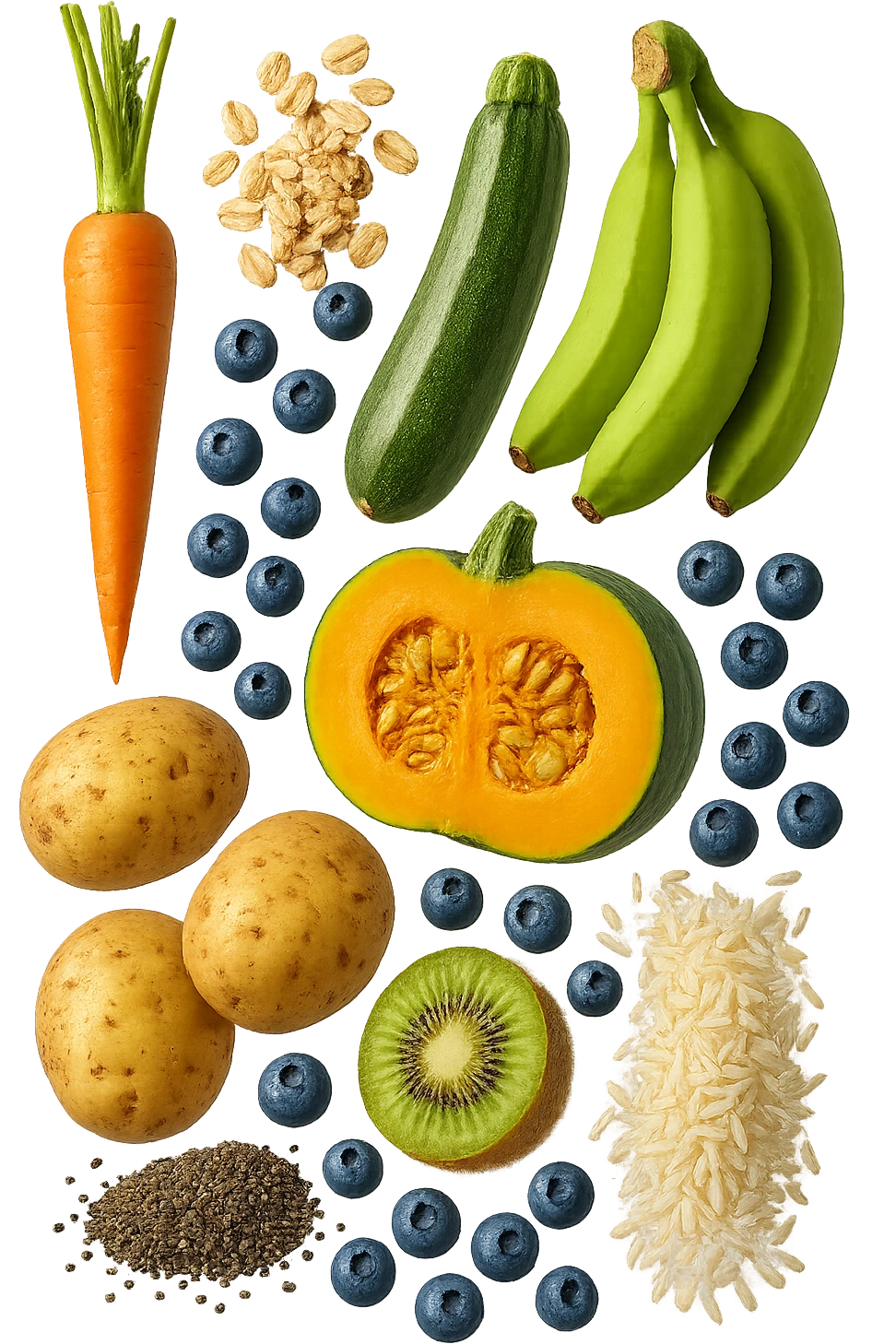 carota, fiocchi di avena, zucchine, kiwi, mirtilli, semi di chia, patate, banane acerbe, zucca, riso fluttuano in aria verticalmente, iperrealistici 4k emoji