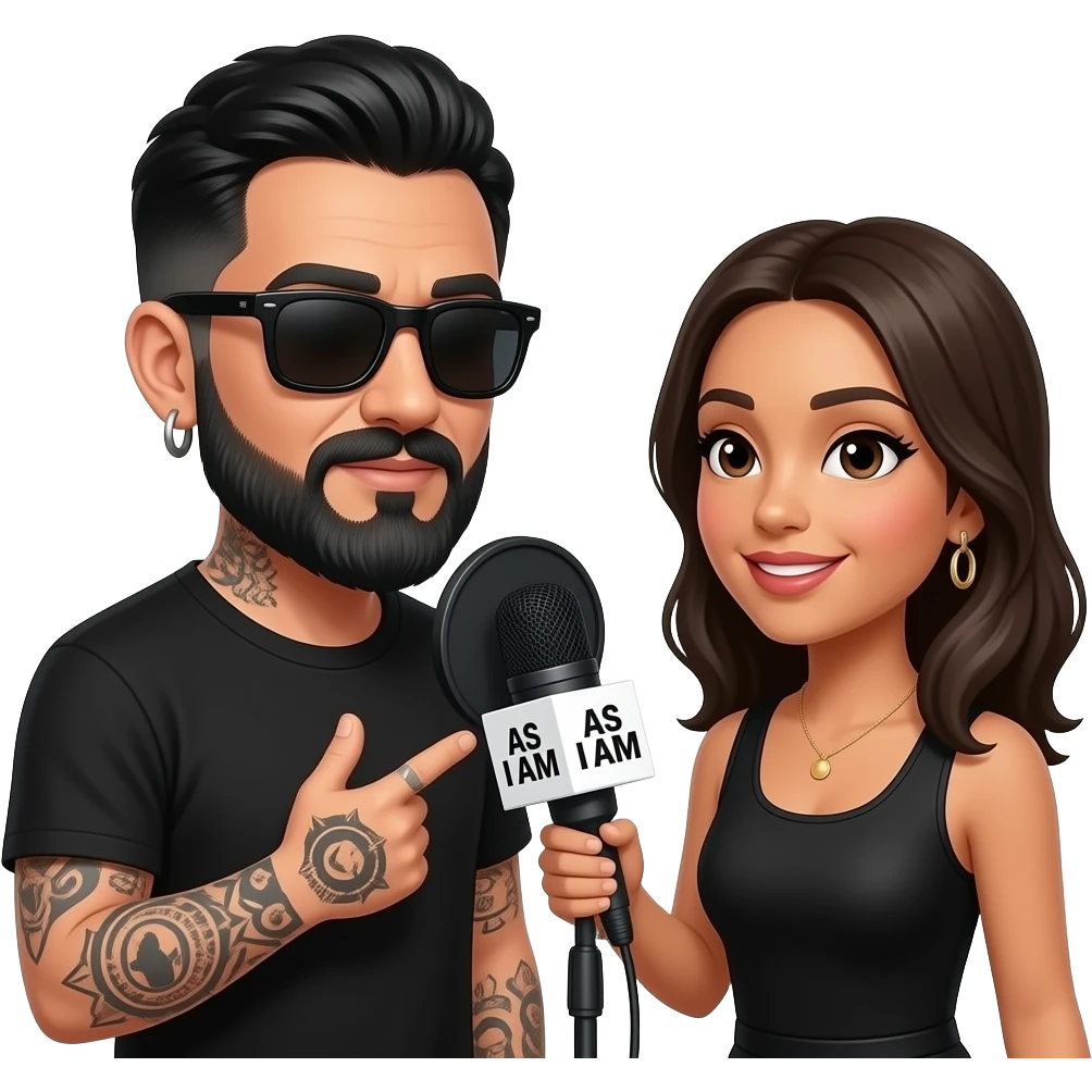 A podcast host, a handsome Latino man with medium hair, a graying beard, tattoos, hoops in his nose and ear, all in black with sunglasses, interviews a woman in front of a microphone with a logo reading "As I Am." emoji