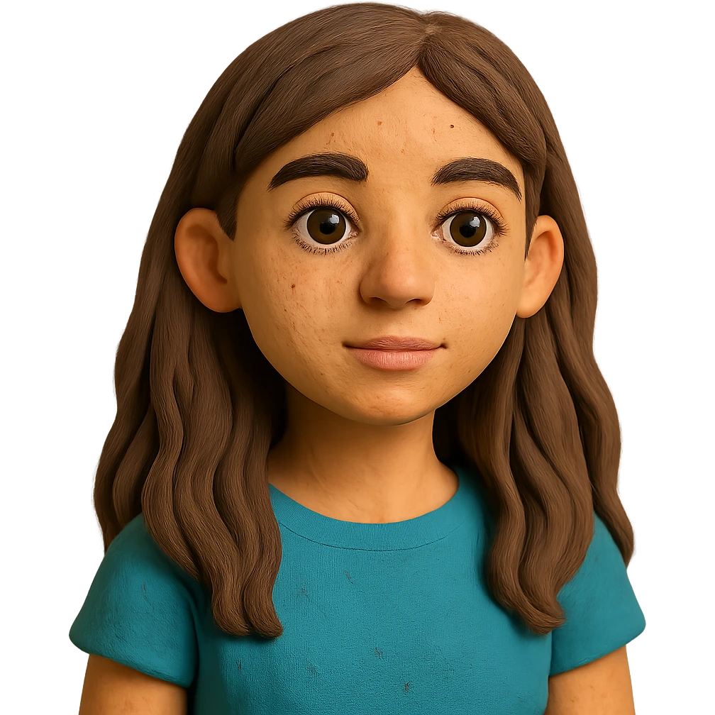 niña de 12 años con pelo largo castaño, ojos marrones claros, cejas marrones, pestañas negras, nariz mediana y labios medianos rosas emoji