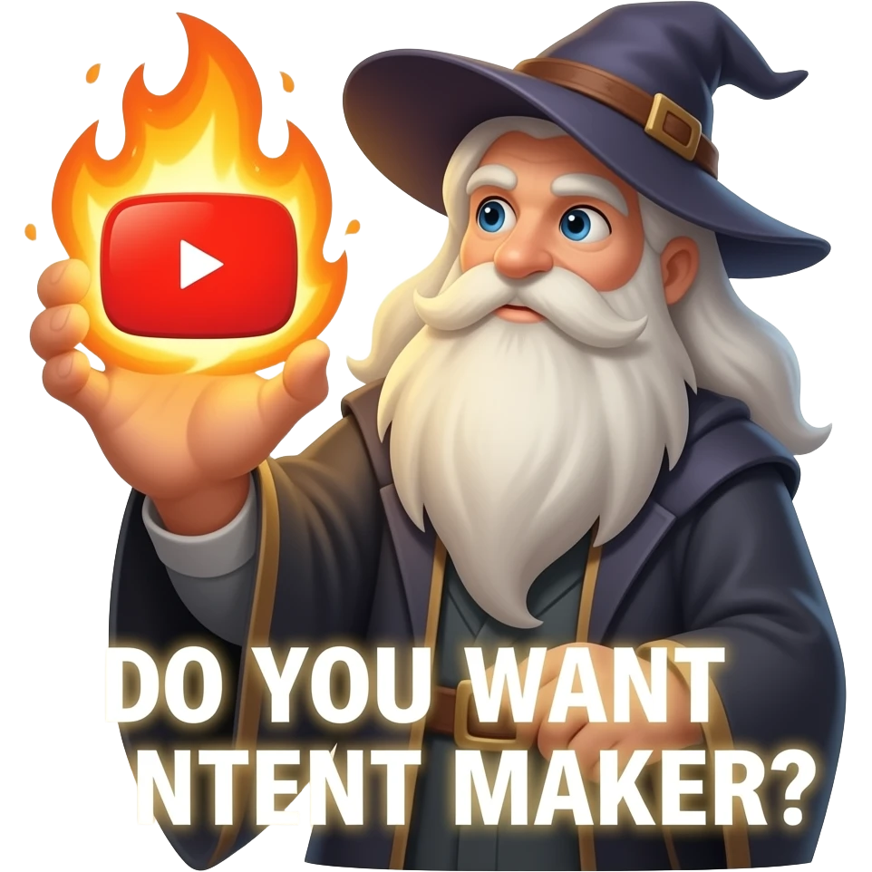 A wizard’s hand holding a glowing, looking at viewer, magical YouTube logo like a fire spell. glowing white text on the bellow: "DO YOU WANT CONTENT MAKER?" High fantasy, mystical particles, clean, sticker style emoji