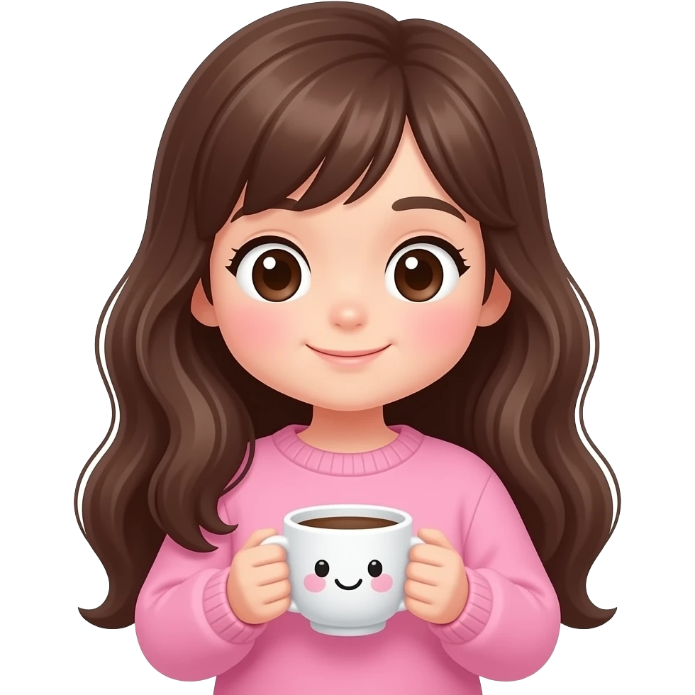 Cute aesthetic emoji girl with long brown hair, pink sweater, holding a cute coffee cup, rosy cheeks, cozy pastel aesthetic background, kawaii emoji sticker style. emoji