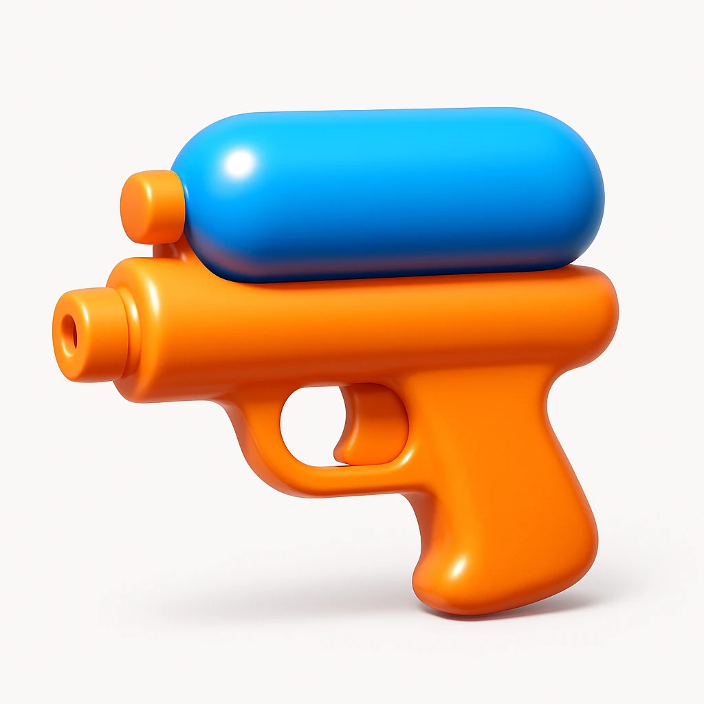 A 3D iOS emoji-style toy water gun, chunky colorful plastic design (bright orange and blue), rounded safe edges, visible water chamber, nozzle tip, playful and non-lethal look, glossy finish, soft shadows, isolated on a white background.


 emoji