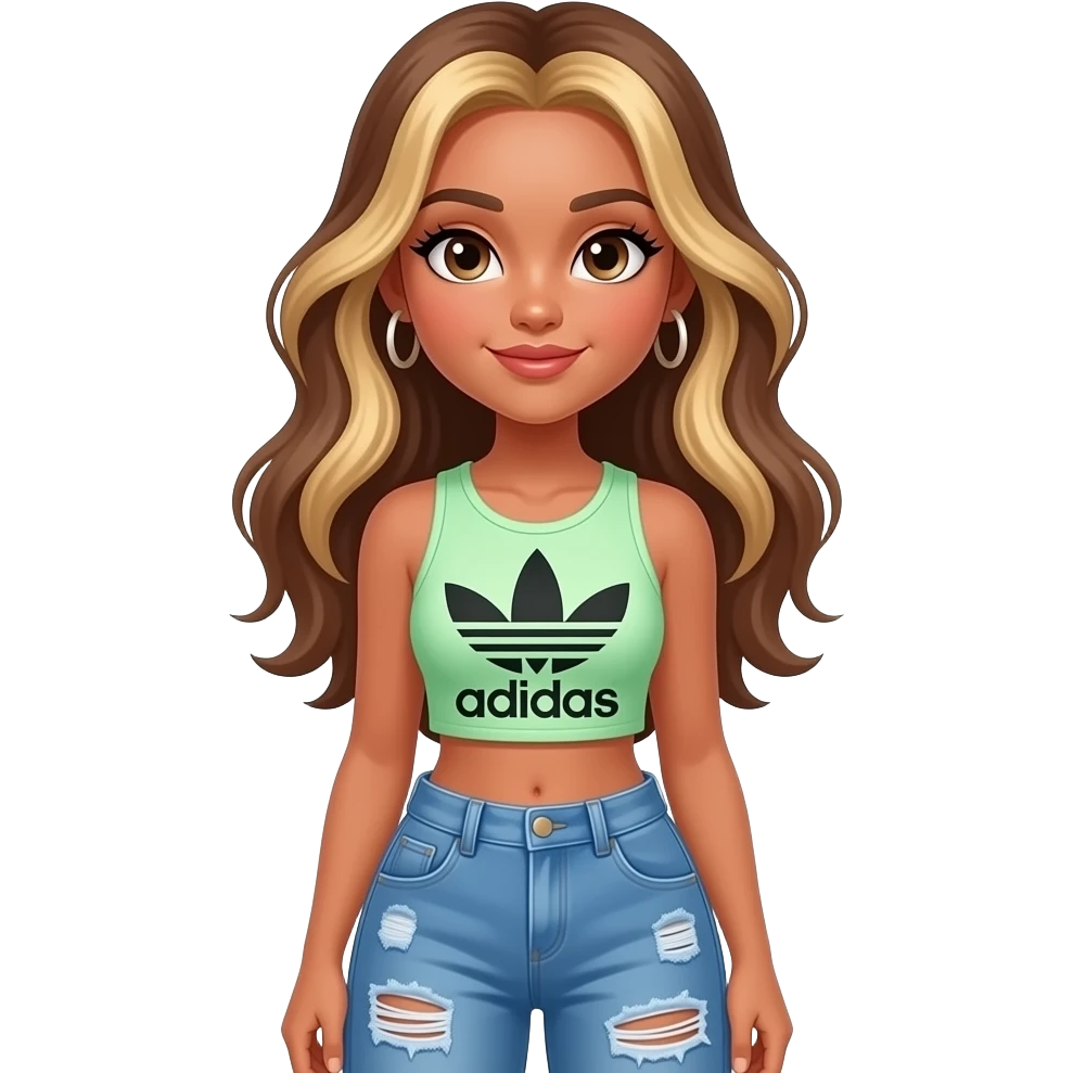 preppy teenage girl, tan, blonde highlights, brown long hair, long eyelashes, beach aesthetic, wearing cute clothes, sexy, wearing ripped blue long baggy jeans with a pastel green revealing crop top, wearing Somba Adidas emoji