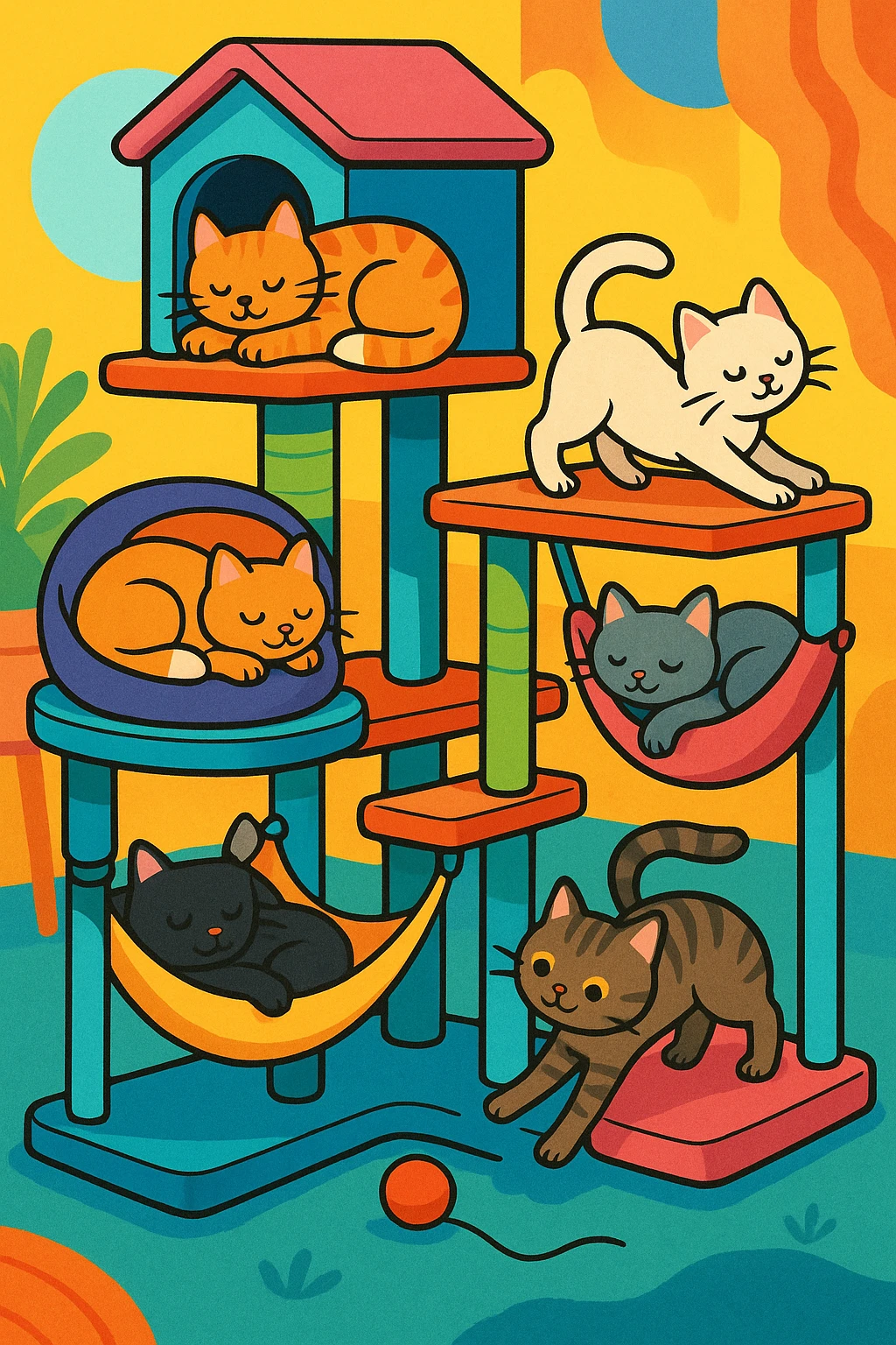 cats relaxing in a vertical playhouse emoji