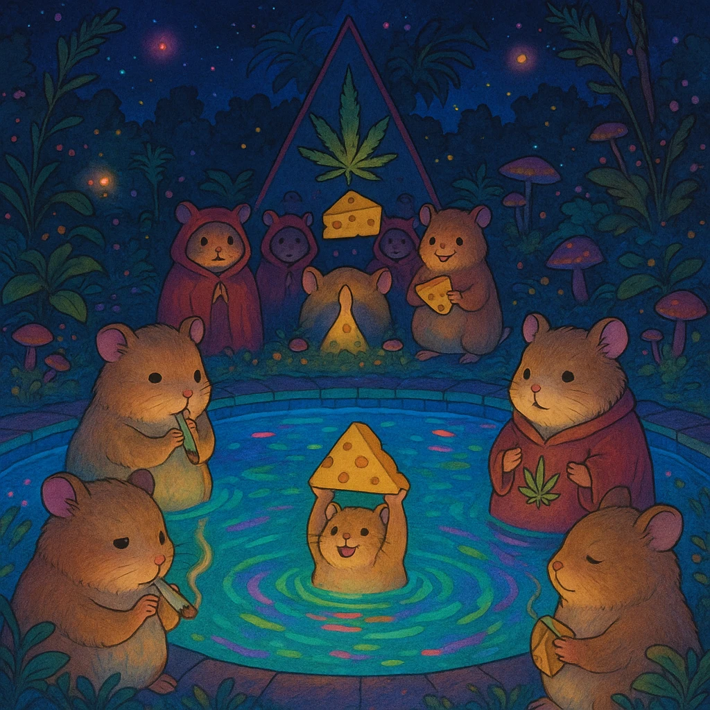 Hamsters at a cult weed and cheese pool party at night, with glowing pool lights, vibrant and colorful, psychedelic atmosphere, Ghibli-inspired style emoji