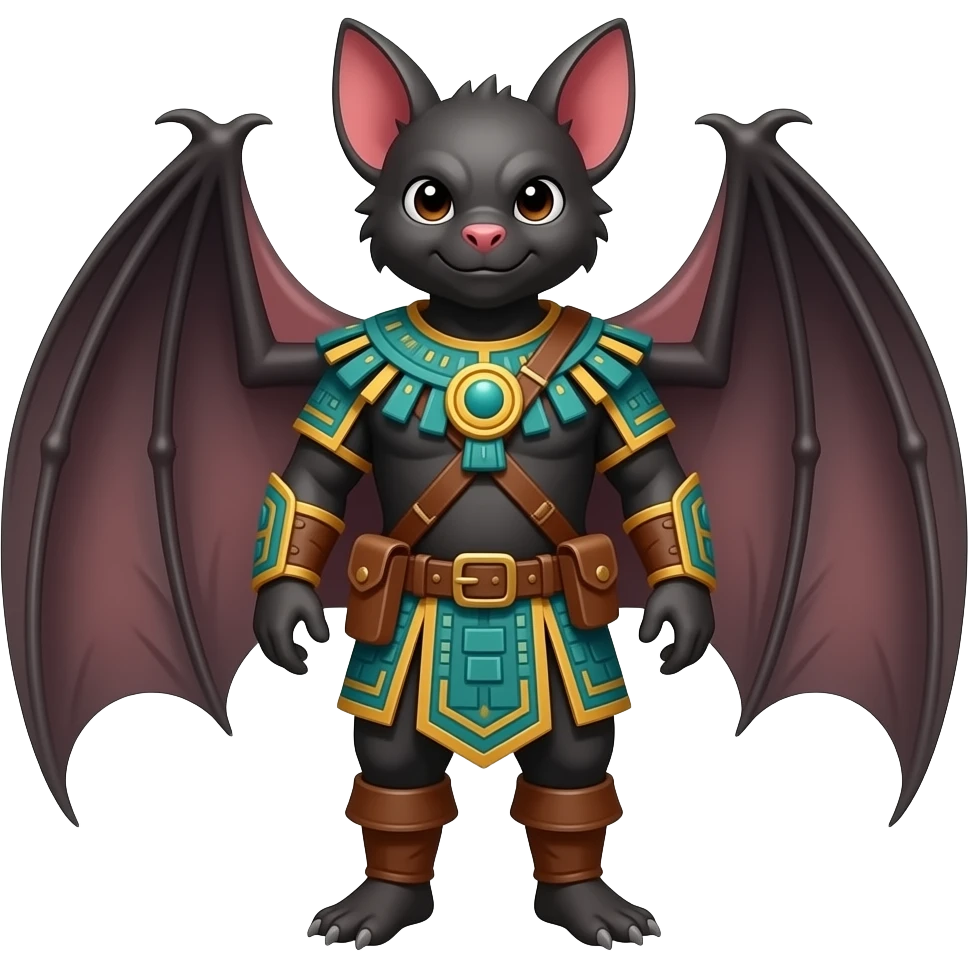 A realistic bat dressed in medieval mayan ranger outfit. Full body. No wings. Without wings emoji