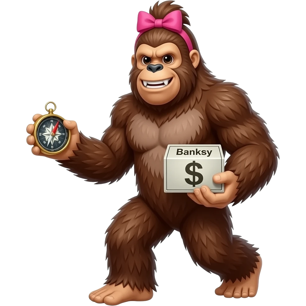 Full body walking sasquatch with pink bow in hair holding a compass in 1 hand and bank with words banksy on it other hand emoji