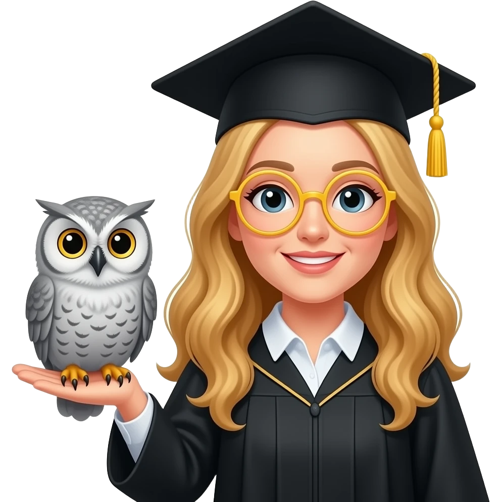 a teacher with long wavy blond hair with a grey owl in a black graduation cap with a yellow tassel, in round yellow glasses on the right hand emoji