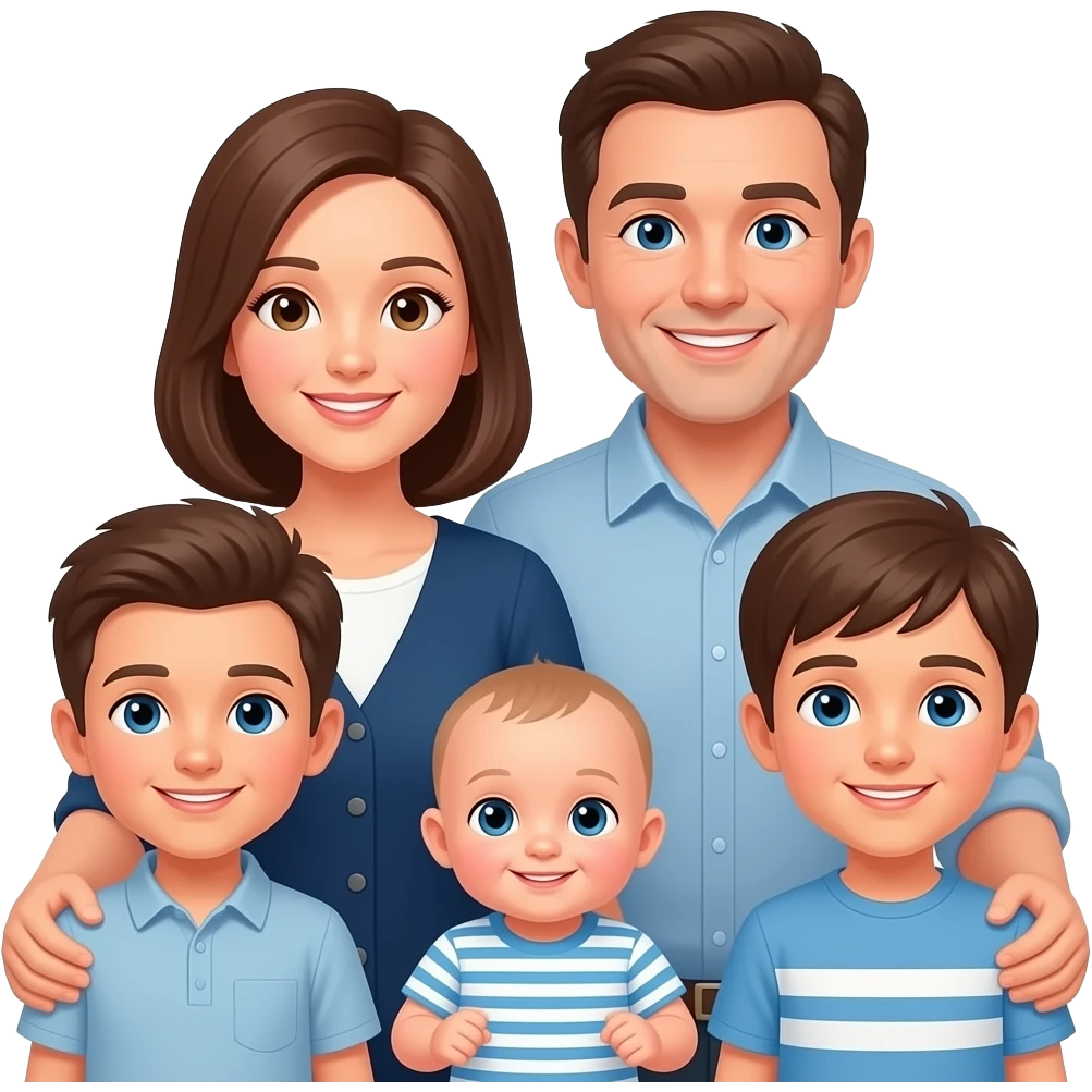 family portrait of parents with two older boys and a baby emoji