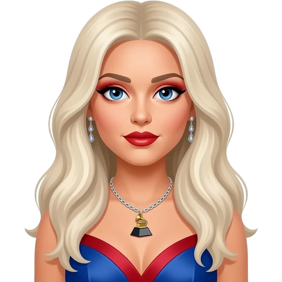 Christina Aguilera with blue eyes, long platinum blonde hair, red eyeshadow and lipstick, blue and red grammy dress, necklace and earrings emoji