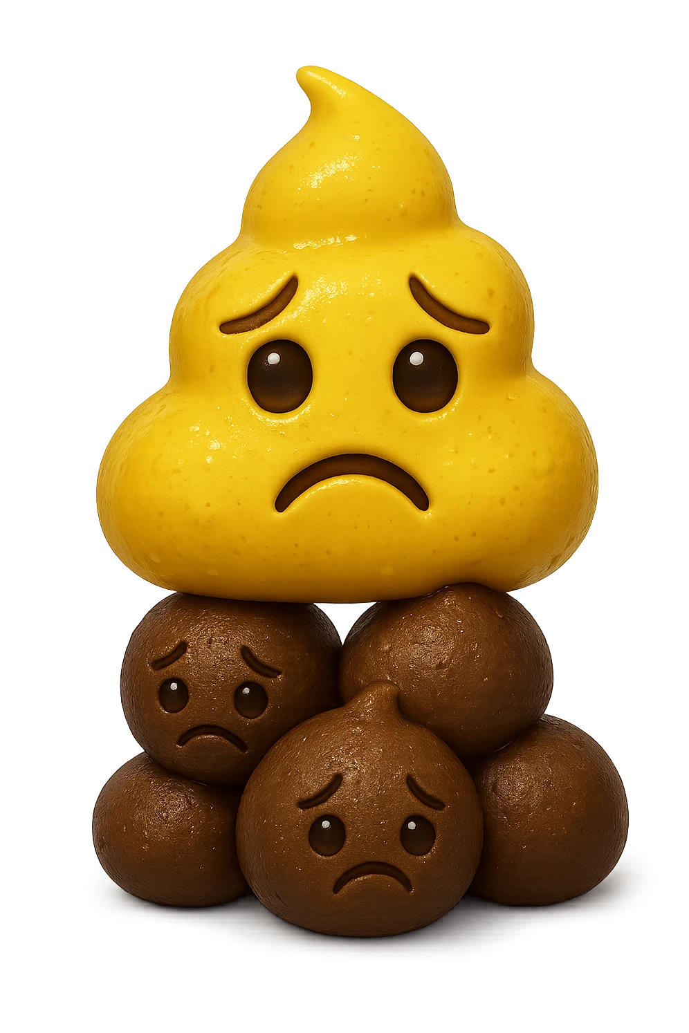 emoji stile iphone di una cacca giallina e liquida con espressione triste, sopra una montagnetta di feci a palline con espressione triste, iperrealistico 4k emoji