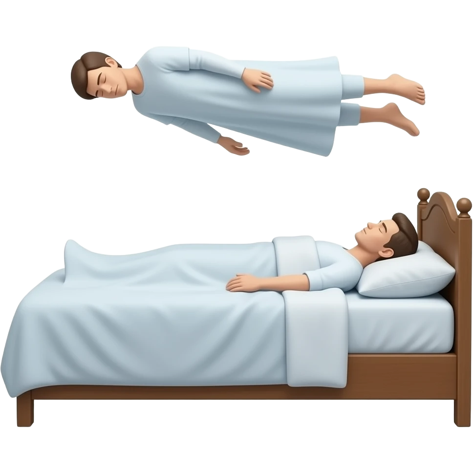 Persona acostada levitando  en la cama como si fuera un espíritu emoji