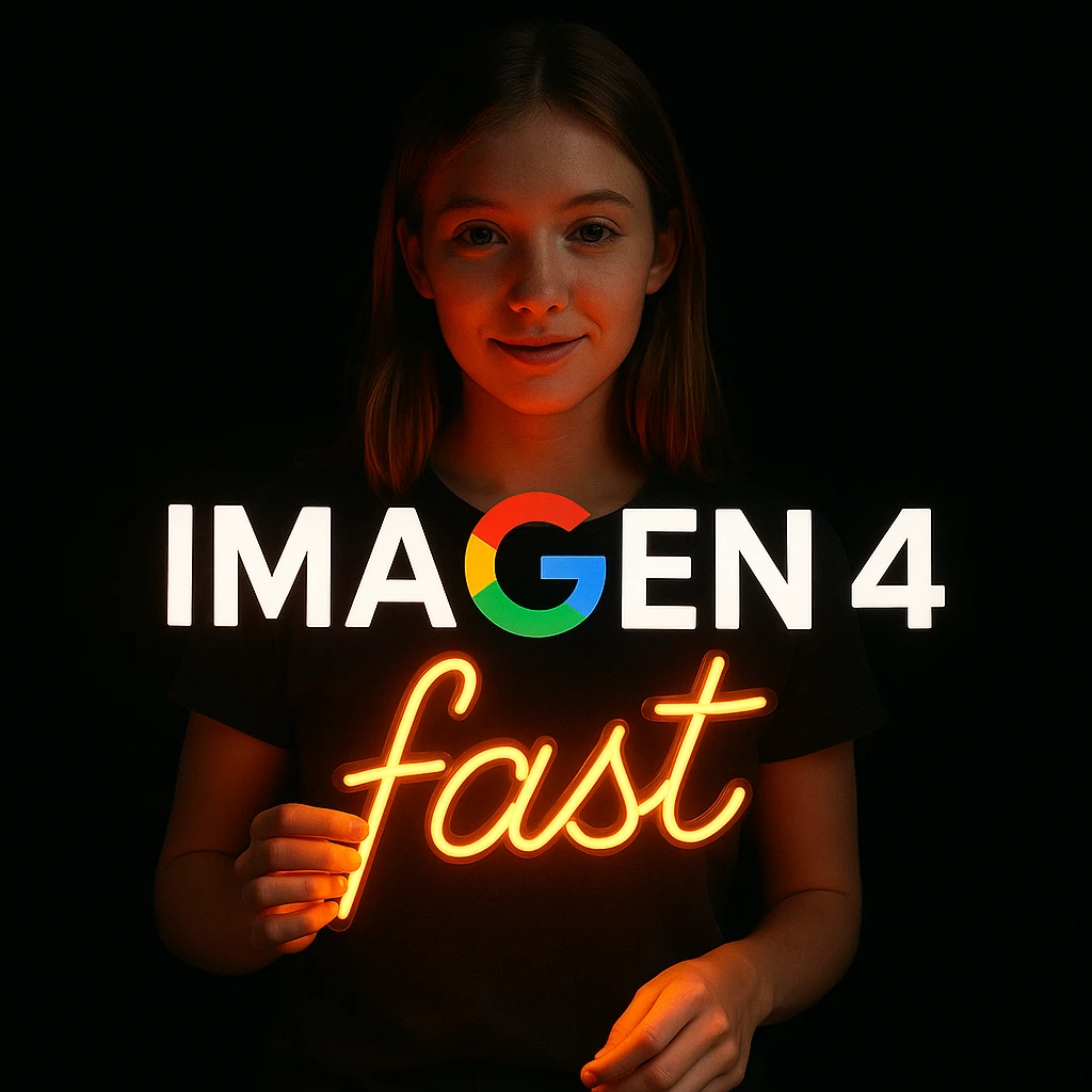 make a girl holding this sign, but sign in made of neon, also add fast below the sign emoji