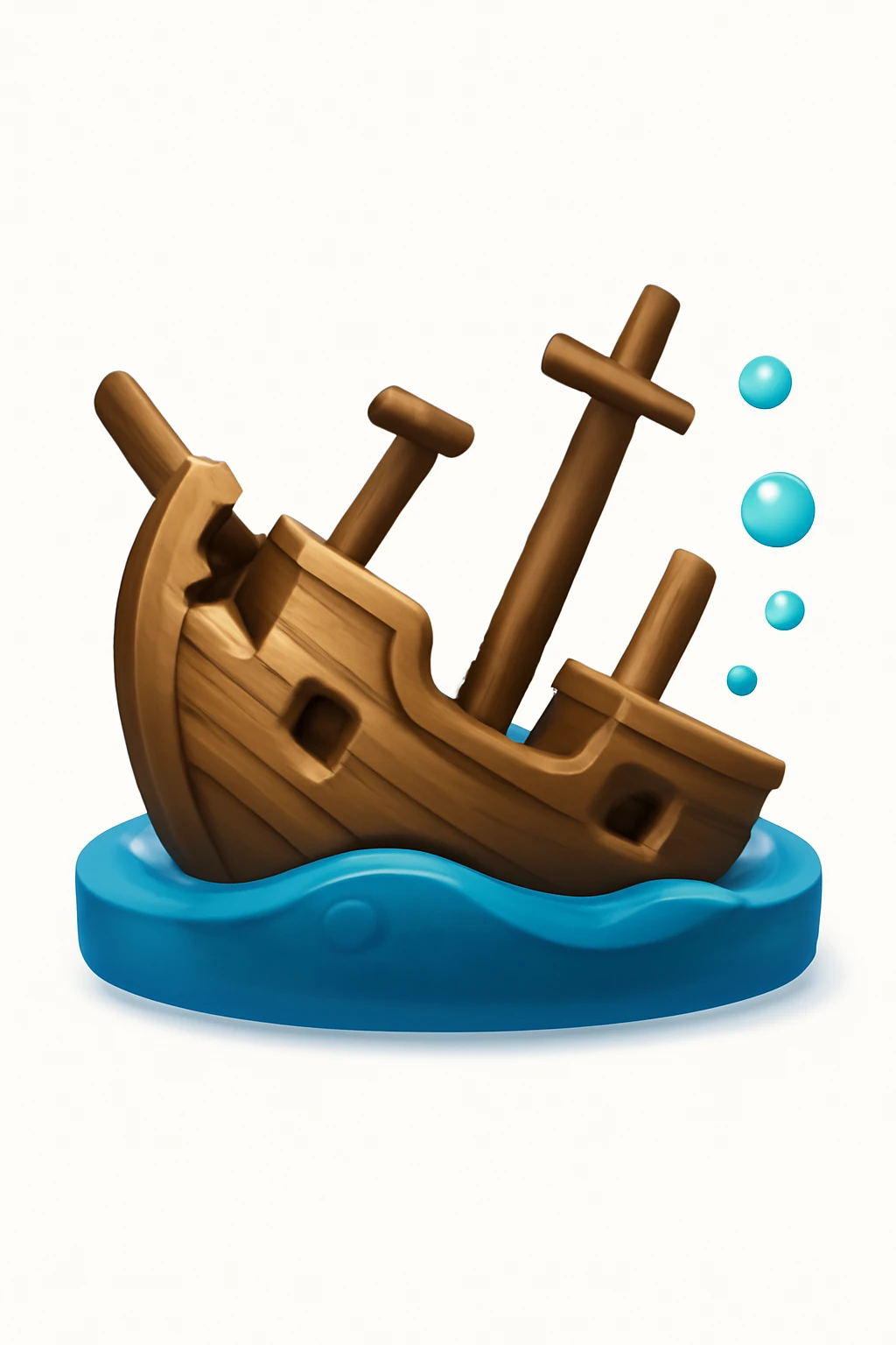3D iPhone style emoji of a sunken ship, partly underwater, tilted and broken wooden structure, subtle bubbles around, isolated on white background, soft shadows, high detail, playful and cute. emoji