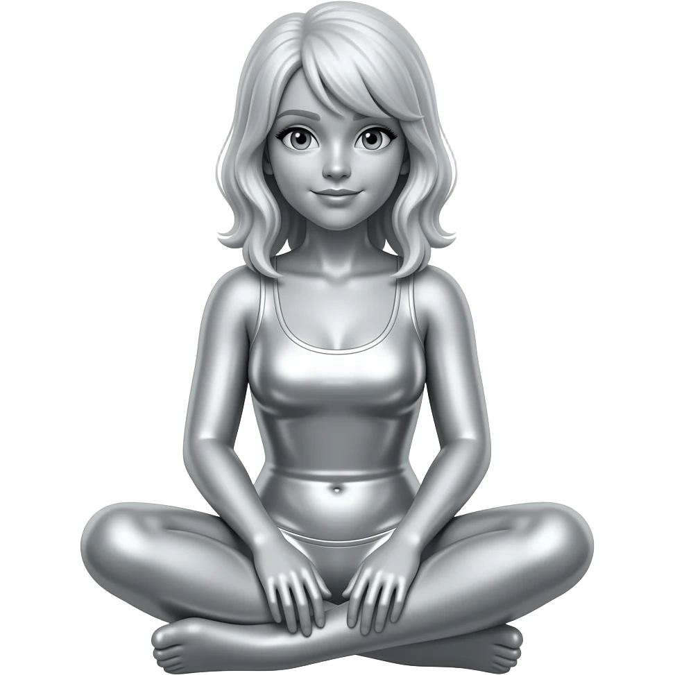 Create a seated female figure in metallic silver. The background is white. The final result must have maximum resolution, high contrast, and extreme sharpness. Illustration style: Vintage – Art Deco – 2D emoji