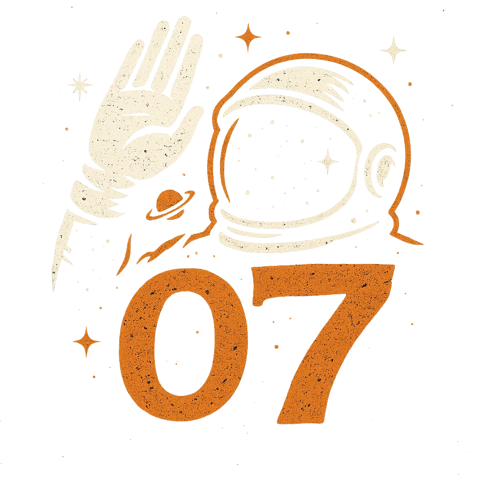 Logo estilizado de saludo o7 con silueta de mano y casco de astronauta, detalles espaciales y toque rebelde, colores oscuros emoji