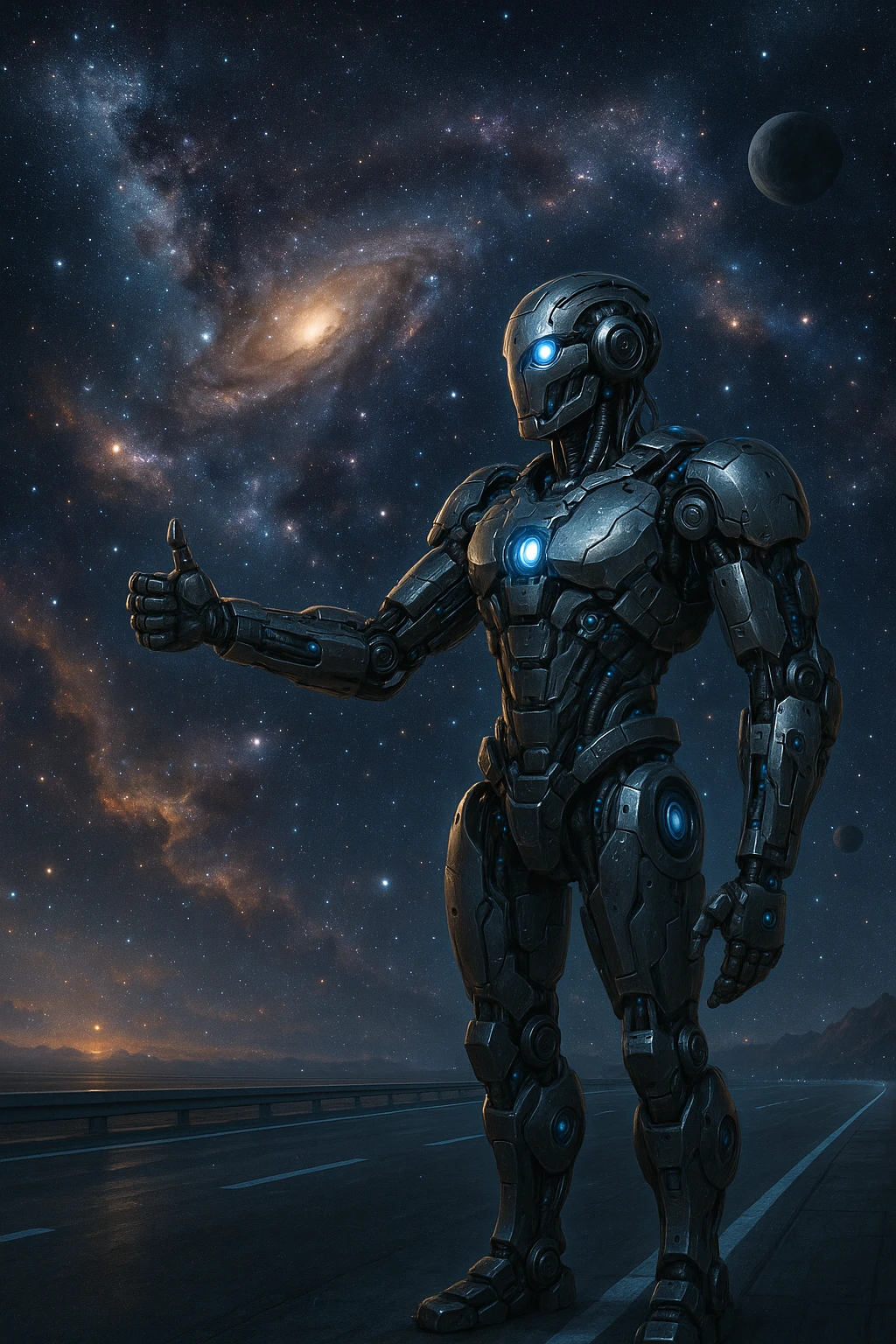 A robot hitchhiking across the galaxy, realistic and detailed, sci-fi style emoji