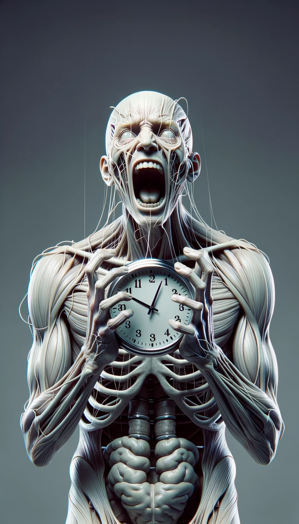 corpo umano anatomico CHE TIENE OROLOGI NELLE MANI E STA IMPAZZENDO PERCHé NON RIESCE A SVOLGERE TUTTE LE SUE ATTIVITà QUOTIDIANE: NON HA TEMPO, iperrealistico 4k emoji