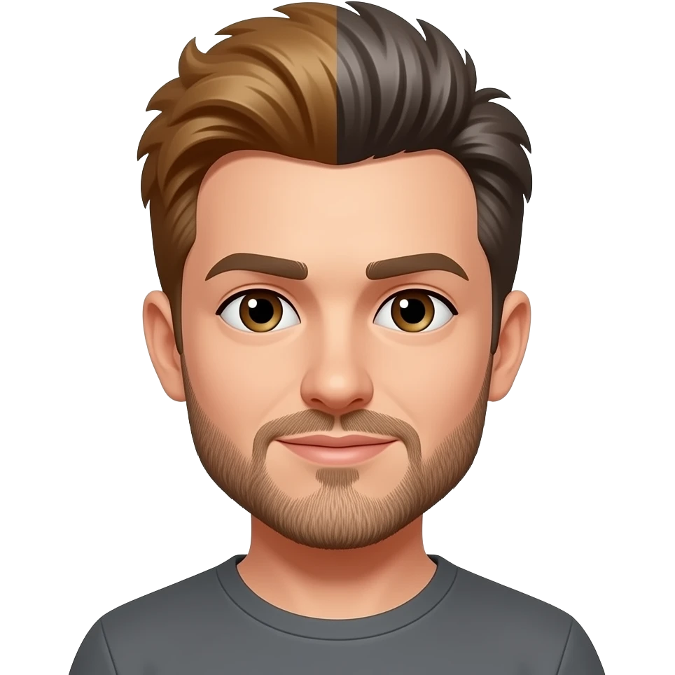 Mullet with flare, some grays with mostly hazel hair, 5 o’clock shade beard emoji