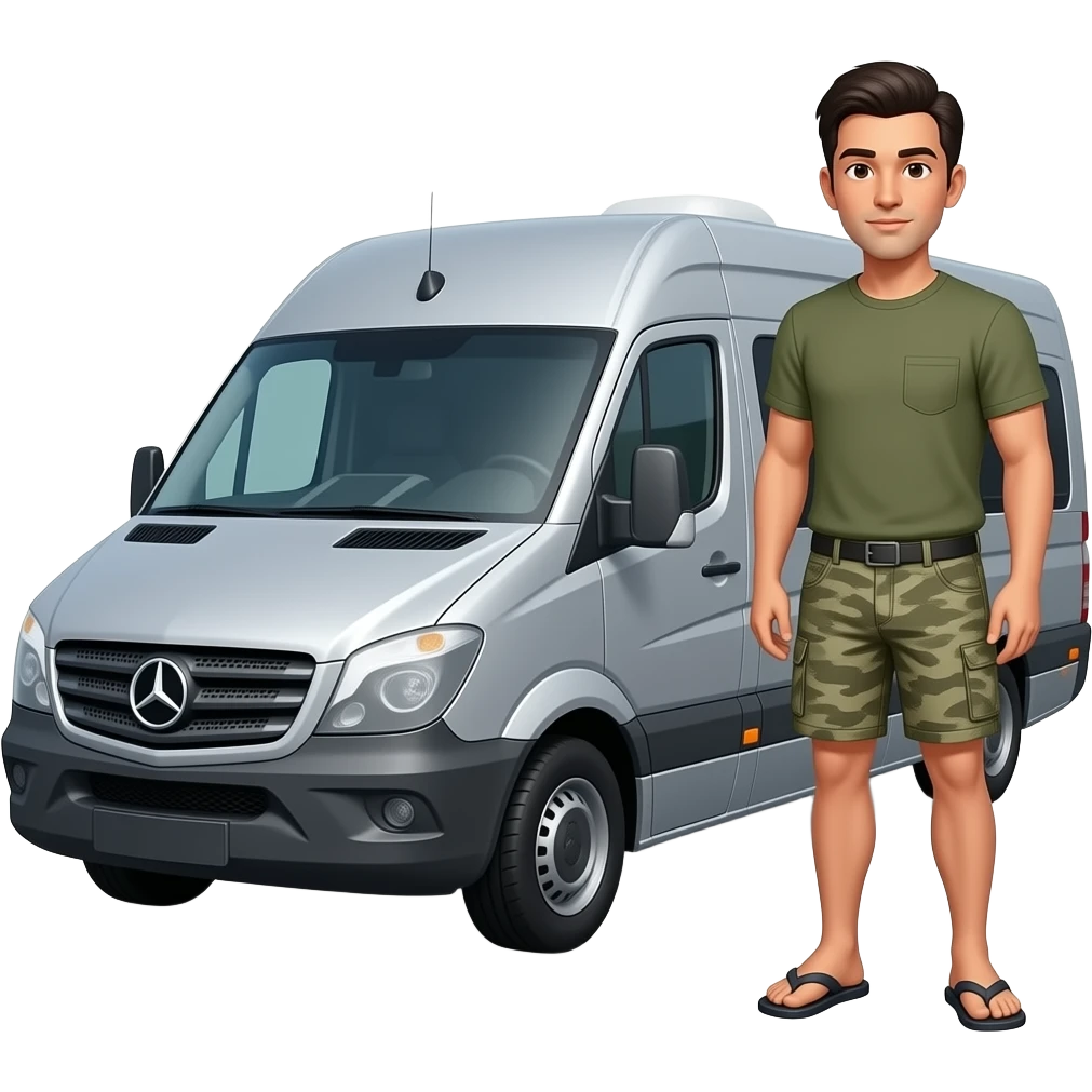 Add Slim military cut dark haired man in shorts and flip flops standing next to a grey Mercedes road style rv emoji