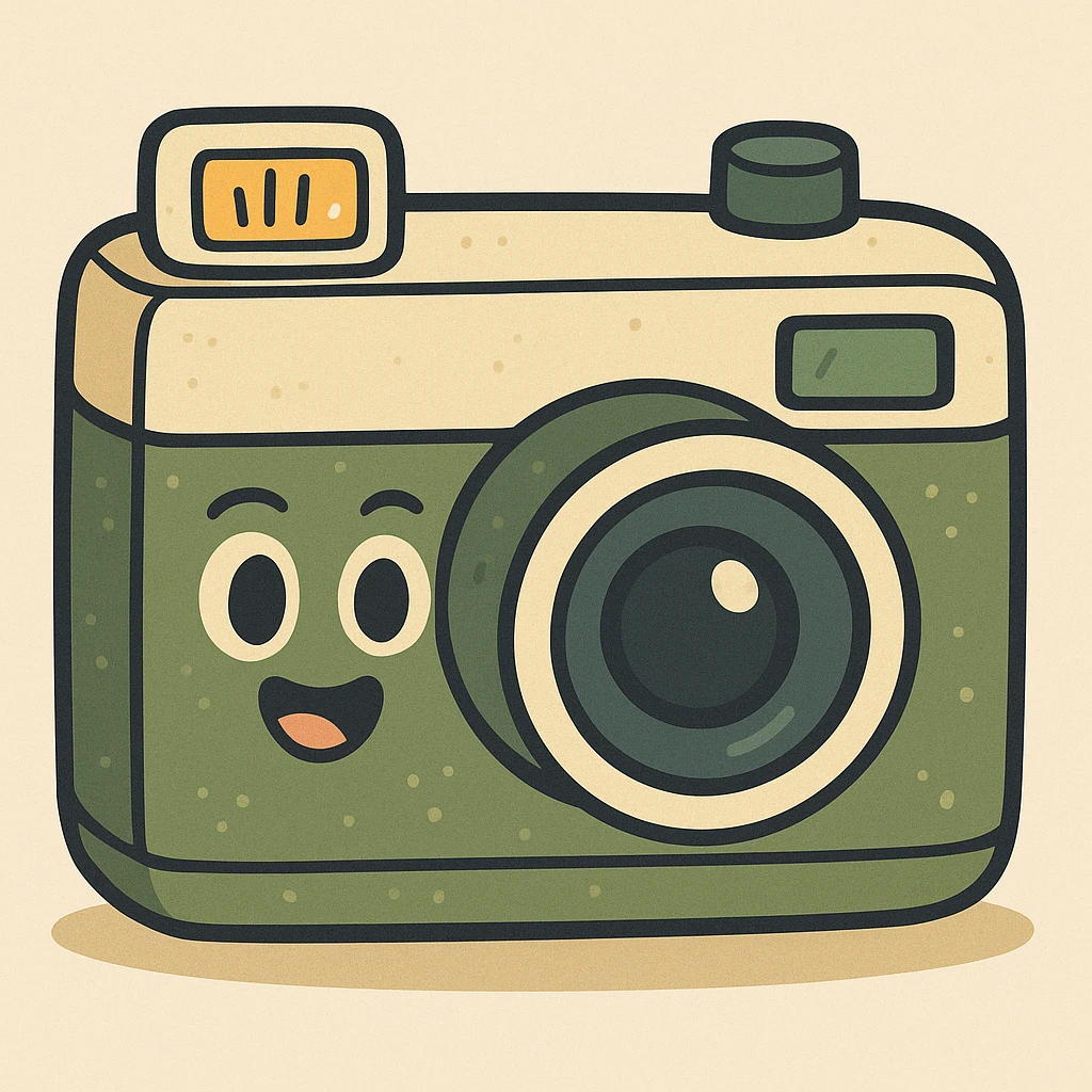 ретро фотоаппарат, оливковый с бежевыми вкраплениями там где это уместно, без градиентов с четкими контурами, тенями и бликами emoji