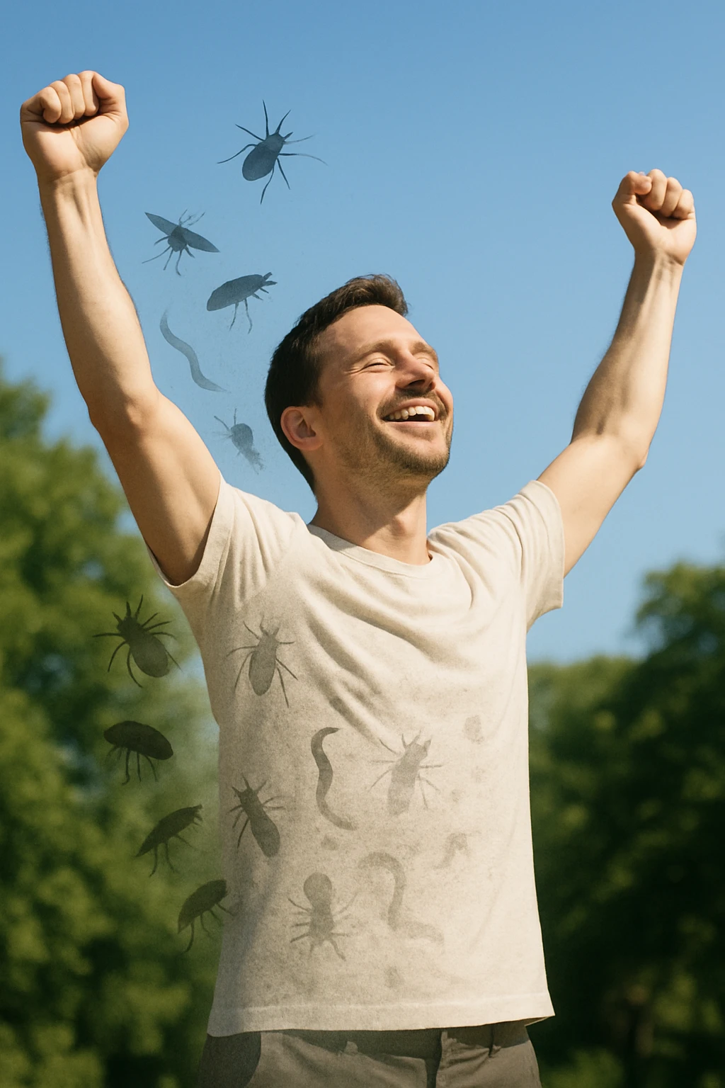 a man stands outdoors in bright sunlight, arms raised in relief and joy, while faint, shadowy silhouettes of parasites fall away from his body and dissolve into the air. His posture is upright and energetic, his expression serene and healthy. The background features green trees and a clear sky, emphasizing liberation and restored well-being. emoji