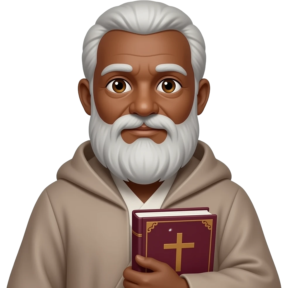 wise old man with grey hair robe slight brown eyes white beard dark brown skin holding burgundy book that has a cross on it emoji