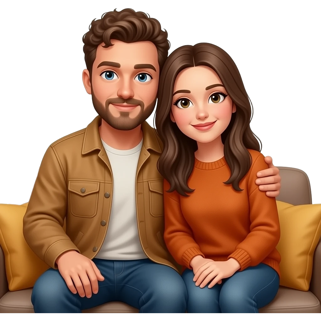 Realistic white man brown super short curly hair with beard being cozy with realistic white woman brown long straight hair on couch autumn emoji