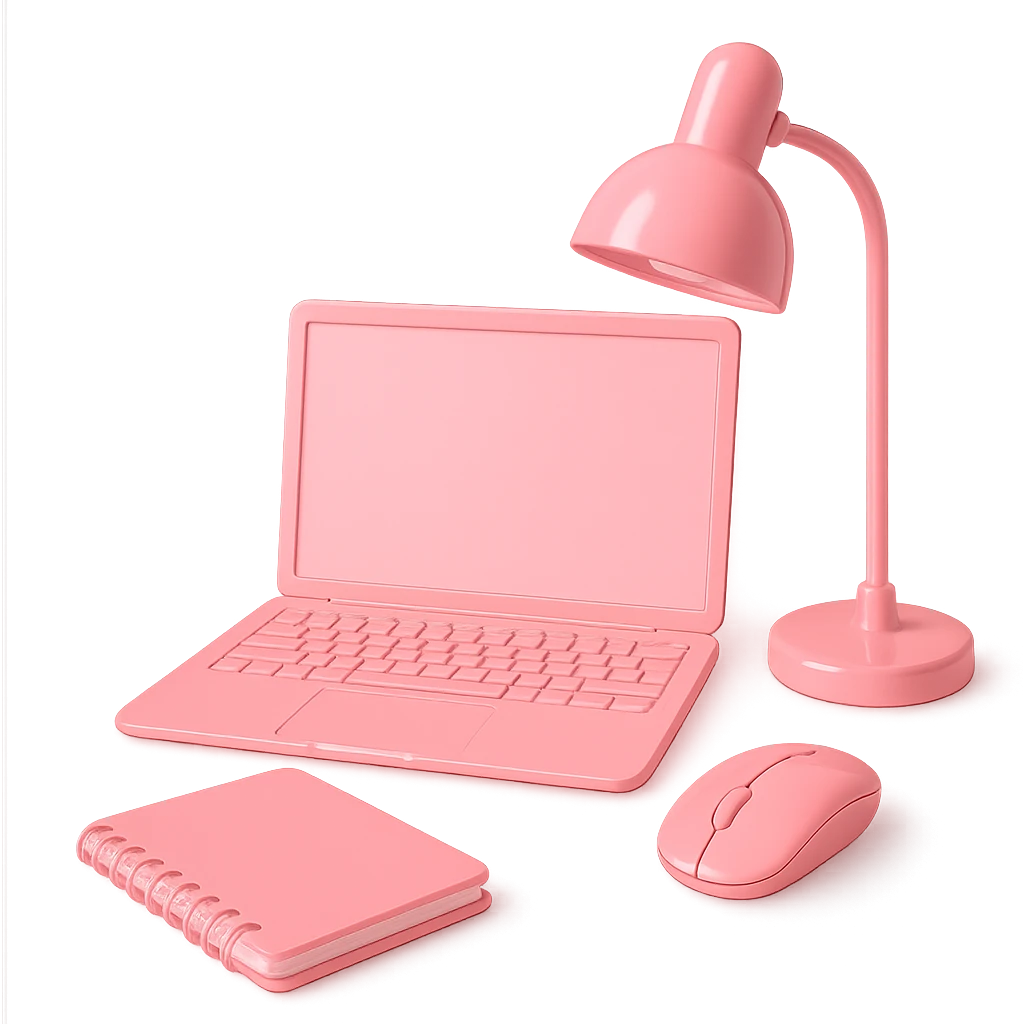 themed pink workspace with pink laptop, pink wireless mouse, pink notebook, pink desk lamp, all matching, modern, glossy emoji