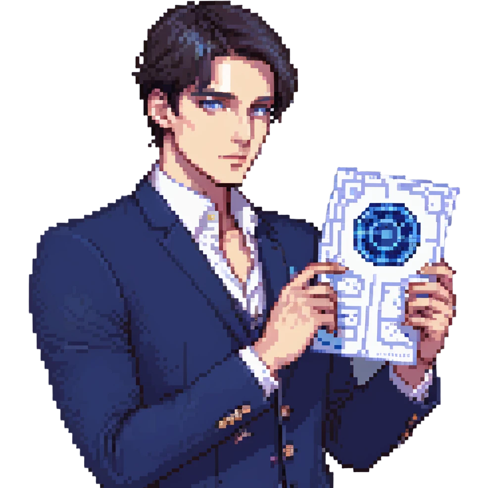 Flat pixel art, focused and confident male strategist, fair skin, short sleek dark hair, intense sharp eyes, wearing a deep indigo suit jacket over a crisp white shirt, holding a futuristic holographic blueprint in one hand, other hand thoughtfully touching chin, waist-up, front-facing emoji