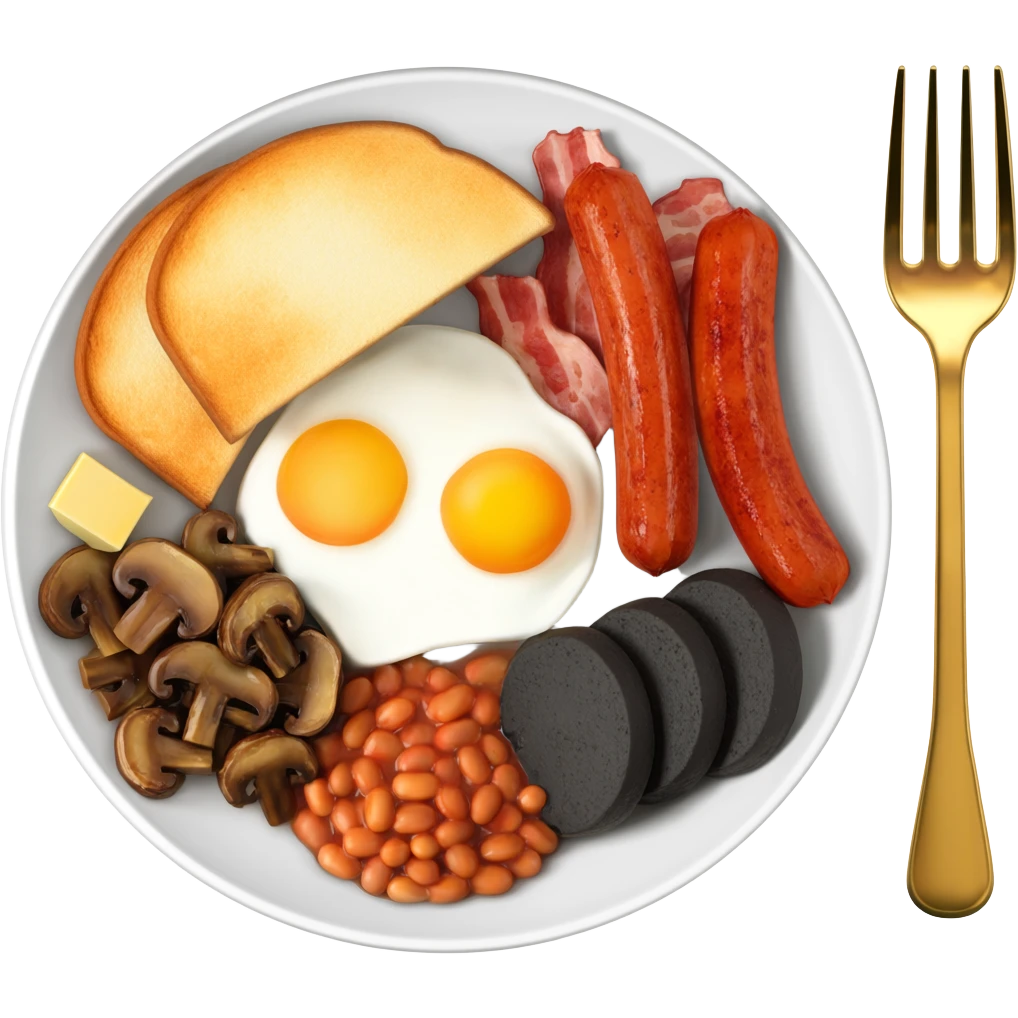 English breakfast on a beautiful white plate with a gold fork emoji