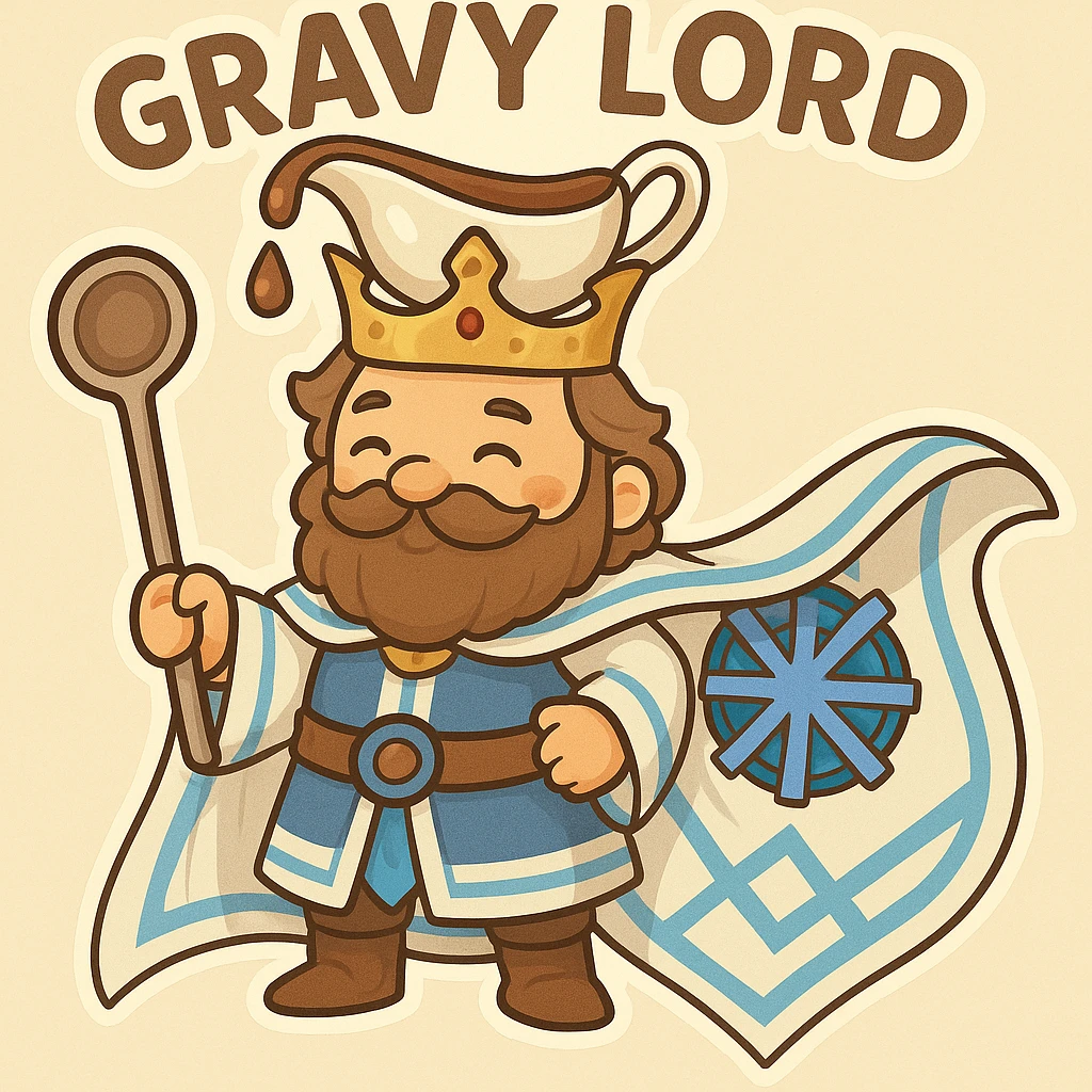 Add a white and blue cape flowing behind Gravy Lord, matching the colors and pattern of the attached reference image. Maintain the whimsical, regal style with the gravy boat crown and ladle scepter as key elements. The cape should complement the character's design and enhance the regal appearance. emoji