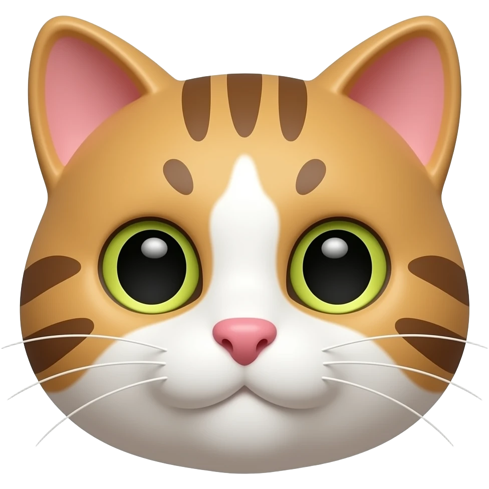 Glossy 3D rendered cat face emoji, front-facing, detailed with distinct features, slightly rounded edges, soft shading, white background emoji