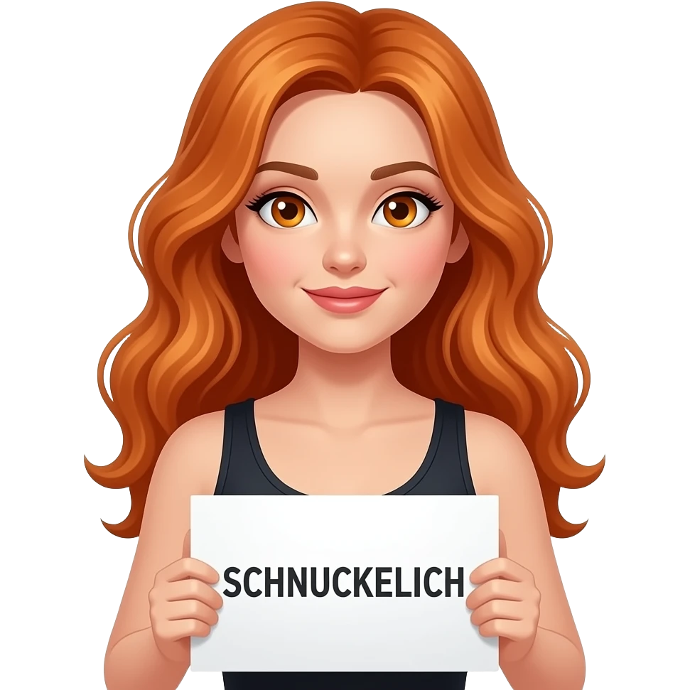 sexy girl with long wavy ginger hair and ginger eyes wearing a black tanktop is holding a white sign with SCHNUCKELICH written on it emoji