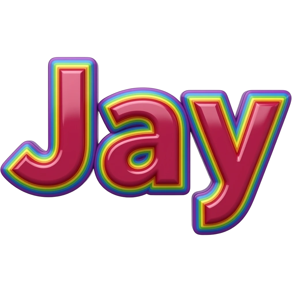 name "Jay" in raspberry red 3D style typography lettering, each color of the rainbow as a border outlined around each letter, isolated, 3d rendering, no emoji icons no emoji faces and must have no human figures emoji