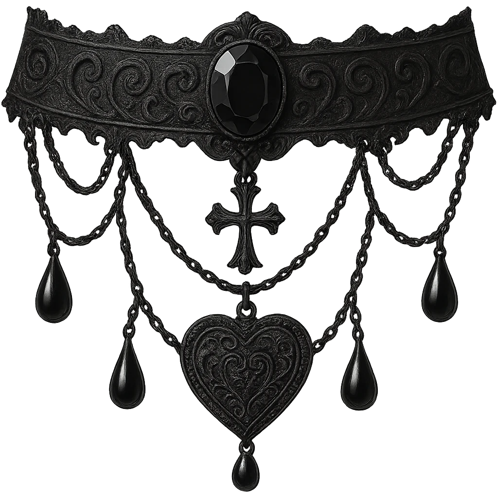 Add a heart-shaped pendant to the black goth choker, keeping the gothic style. Remove the background. emoji