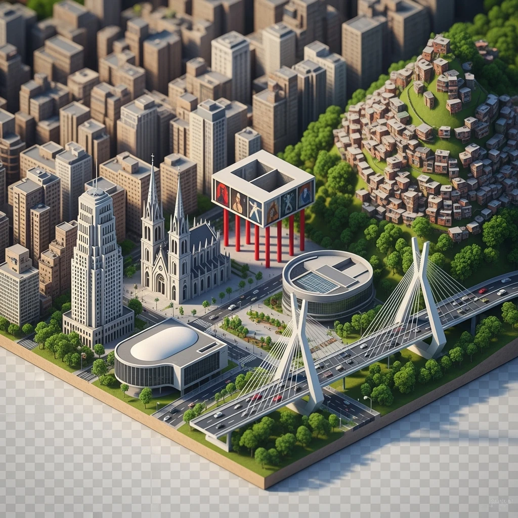 Isometric miniature of São Paulo Catedral da Sé, MASP on red pillars, Octávio Frias Bridge, and Altino Arantes building, favelas on hillsides, dense chaotic urban blocks, and green parks 3D miniature effect and Tilt Shift effect, no cartoonish look, transparent background. emoji