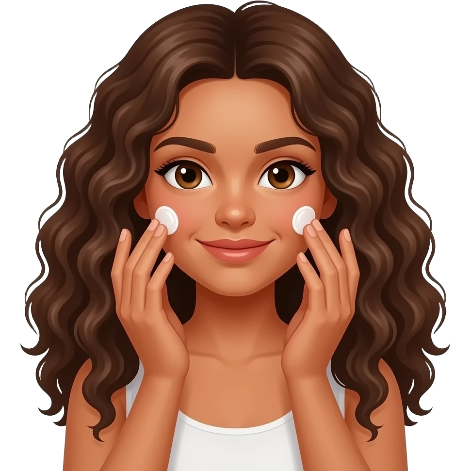 Girl with long curly hair and tan skin doing face skincare emoji