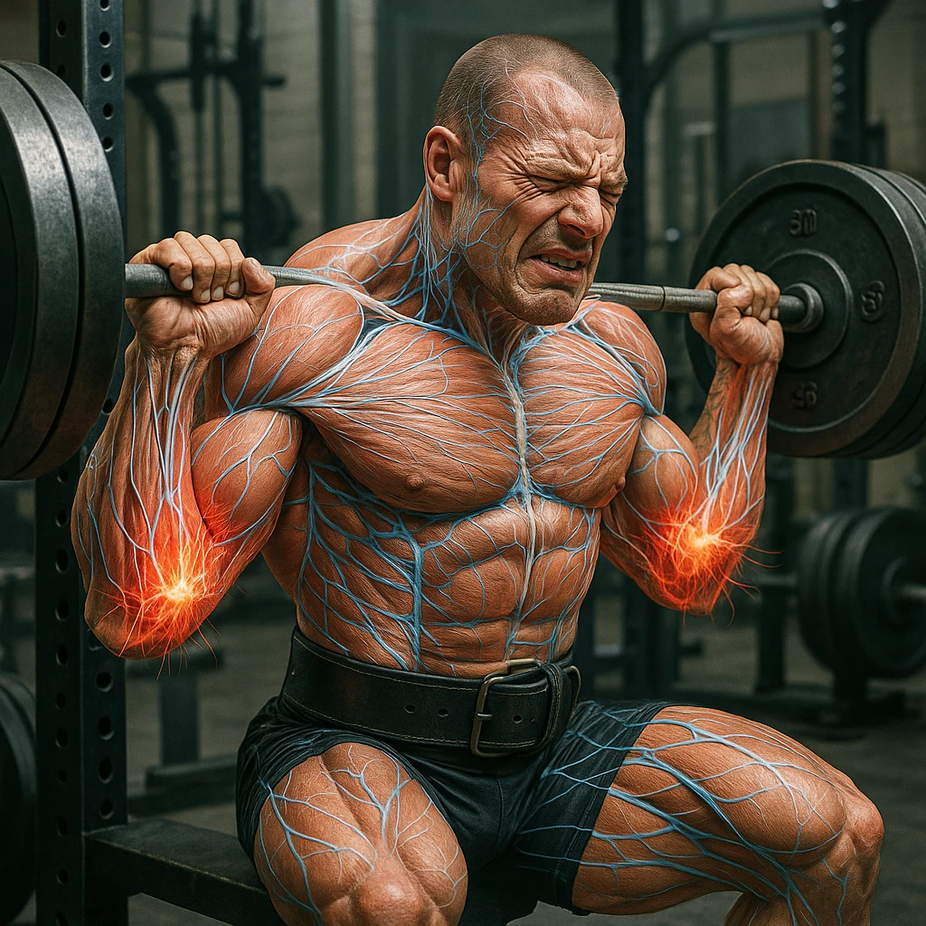 Powerlifter in weight room, muscles and nervous system represented with accelerated growth effect, inflamed and visibly stressed elbow tendons, expression of discomfort, scientific details, gym background emoji