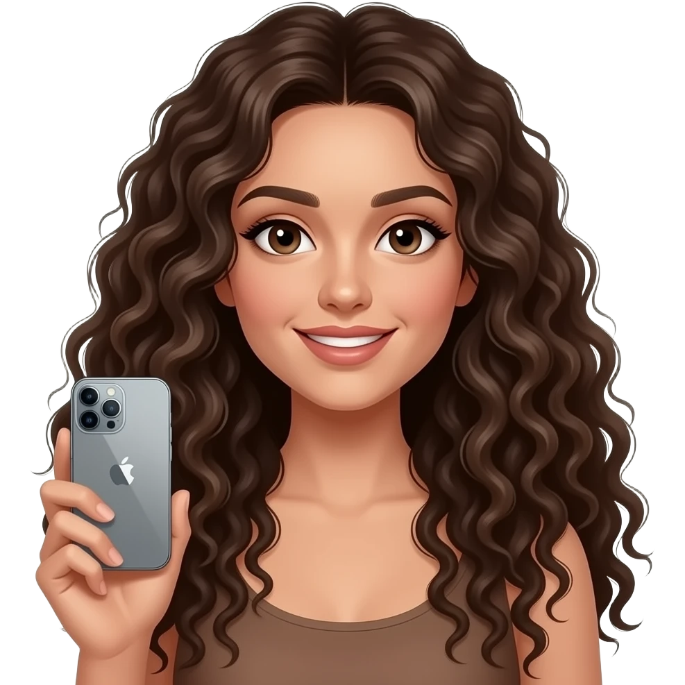 A curly long haired girl 28 years old dark brown color hair holding an iPhone 15 pro max silver with Casetify brown case emoji